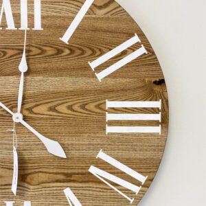 Dark Stained Solid Ash Wood Wall Clock with White Roman Numerals