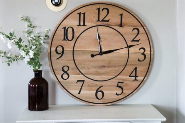 Large Solid Soft Maple Wood Clock with Black Roman Numerals