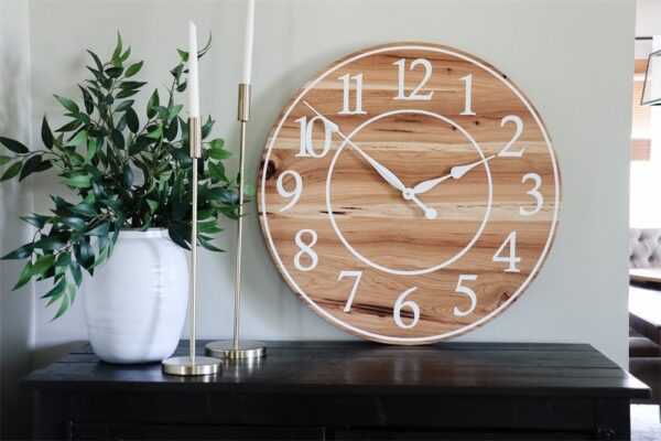 Solid Hickory Wood Wall Clock with Numbers and Lines