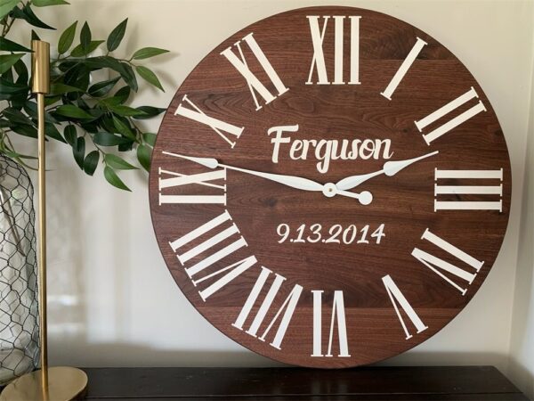 Personalized Solid Walnut Wood Wall Clock with White Numbers