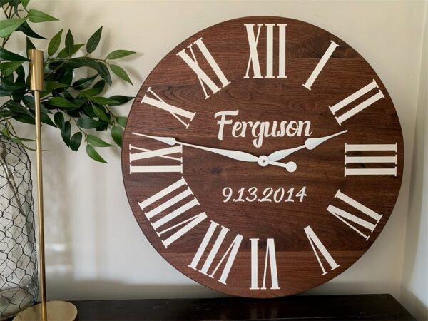 Personalized Solid Walnut Wood Wall Clock with White Numbers