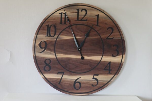 Live Edge 26" Black Walnut Wall Clock with Black Numbers (in stock)