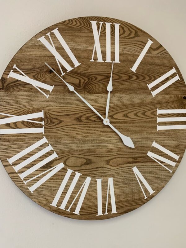 Dark Stained Solid Ash Wood Wall Clock with White Roman Numerals