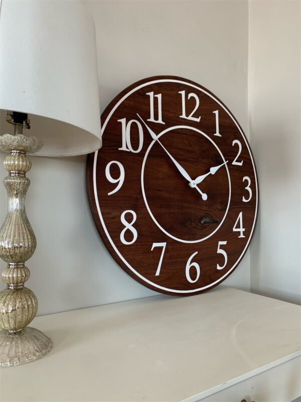 Solid Clear Walnut 30" Wall Clock with White Lines and Numbers (in stock)