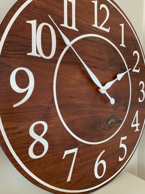 Solid Clear Walnut 30" Wall Clock with White Lines and Numbers (in stock)