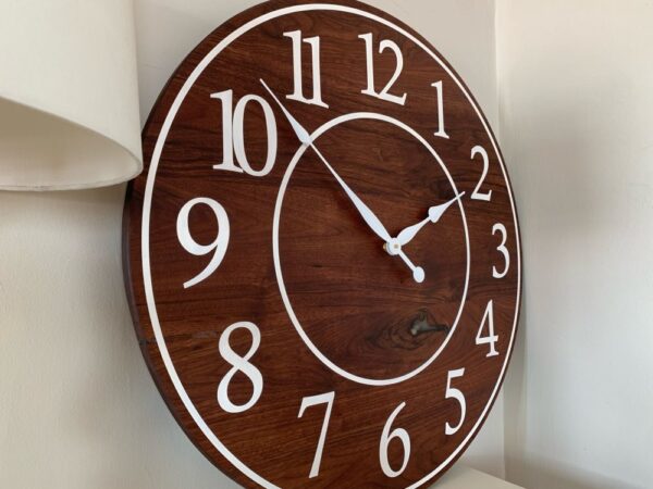 Solid Clear Walnut 30" Wall Clock with White Lines and Numbers (in stock)