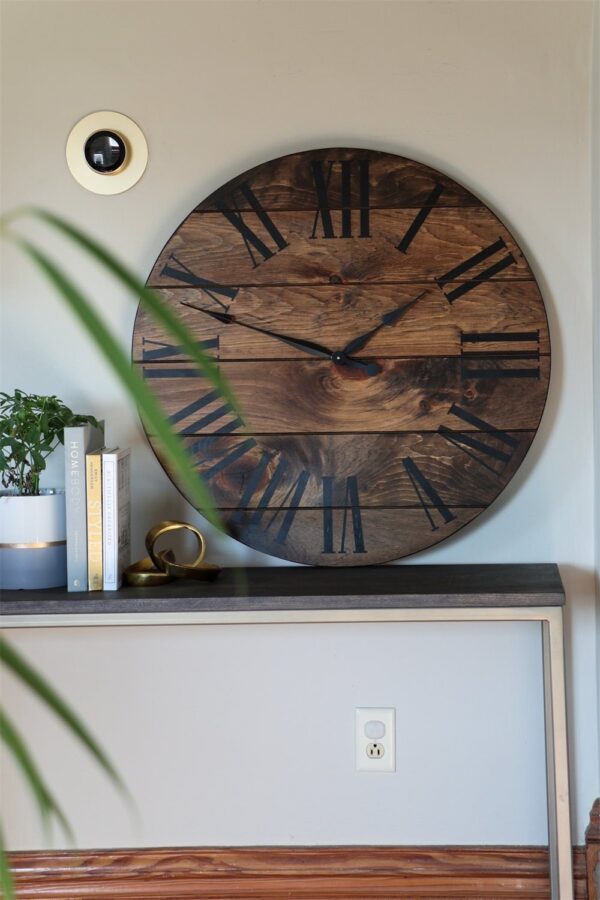 Dark Stained Large Farmhouse Wall Clock with Black Roman Numerals