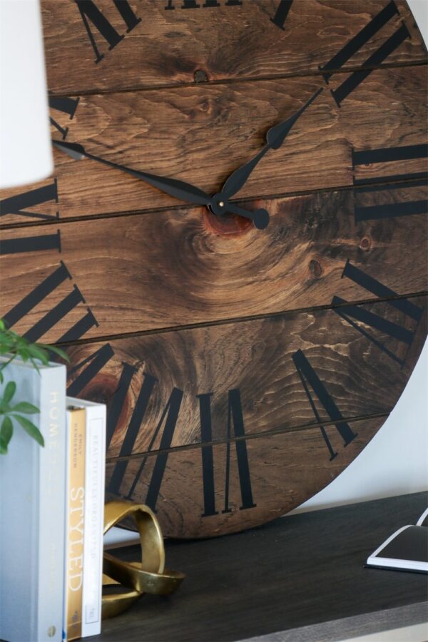 Dark Stained Large Farmhouse Wall Clock with Black Roman Numerals