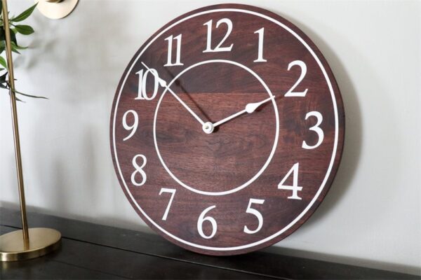 Solid Wood Walnut Wall Clock with White Numbers