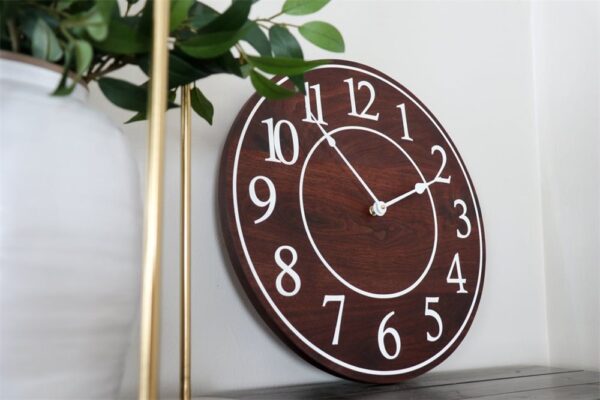 Solid Wood Walnut Wall Clock with White Numbers