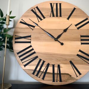 Large Solid Rustic Maple Hardwood Farmhouse Wall Clock with Black Roman Numerals