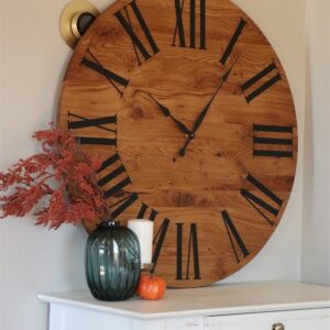 Large White Oak Wall Clock with Black Roman Numerals