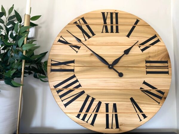 Large Solid Poplar Hardwood Farmhouse Wall Clock with Black Roman Numerals