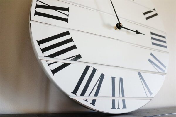 Simple White Lightly Distressed Large Wall Clock with Black Roman Numerals (in stock)