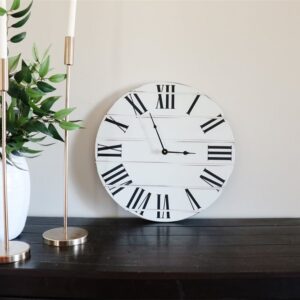 Simple White Lightly Distressed Large Wall Clock with Black Roman Numerals (in stock)