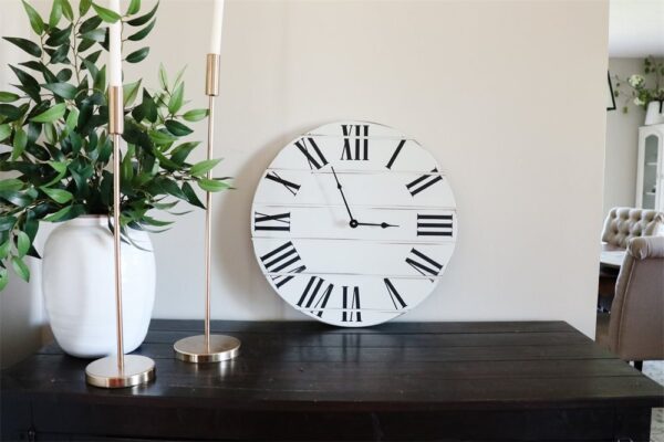 Simple White Lightly Distressed Large Wall Clock with Black Roman Numerals (in stock)