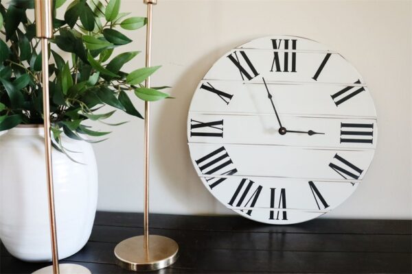 Simple White Lightly Distressed Large Wall Clock with Black Roman Numerals (in stock)
