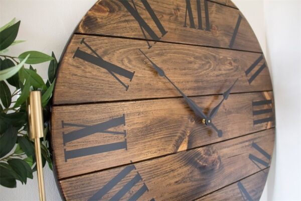 Dark Stained Large Farmhouse Wall Clock with Black Roman Numerals