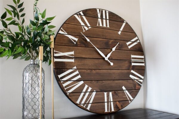 Dark Stained Large Farmhouse Wall Clock with White Roman Numerals