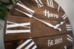Personalized Dark Stained Large Farmhouse Wall Clock with White Roman Numerals
