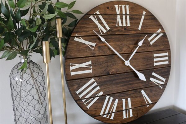 Dark Stained Large Farmhouse Wall Clock with White Roman Numerals