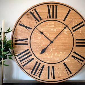 Large Quartersawn White Oak Wall Clock with Black Lines and Roman Numerals