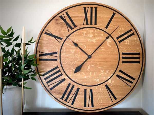 Large Quartersawn White Oak Wall Clock with Black Lines and Roman Numerals
